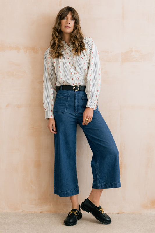 Flora Embroidered Stripe Floral Blouse