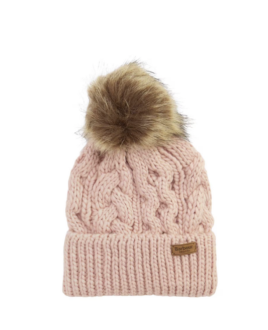 Barbour Penshaw Cable Beanie Bobble Hat Pink Blush