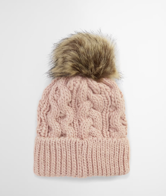 Barbour Penshaw Cable Beanie Bobble Hat Pink Blush