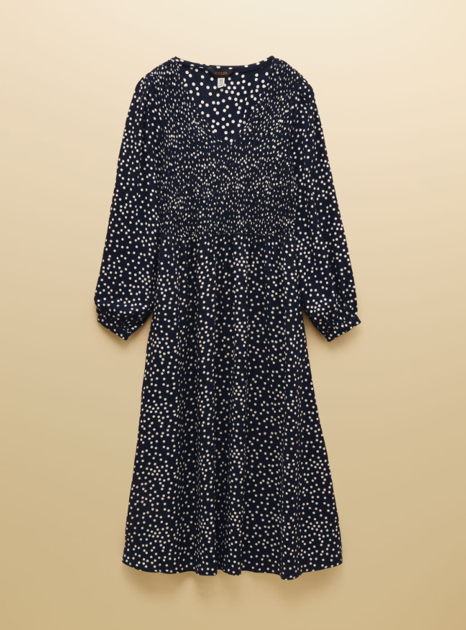 Liliana Navy Spot Shirred V-Neck Midi Dress