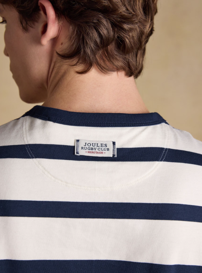 Rugby Club Navy & Cream Striped Crew Neck Cotton T-Shirt