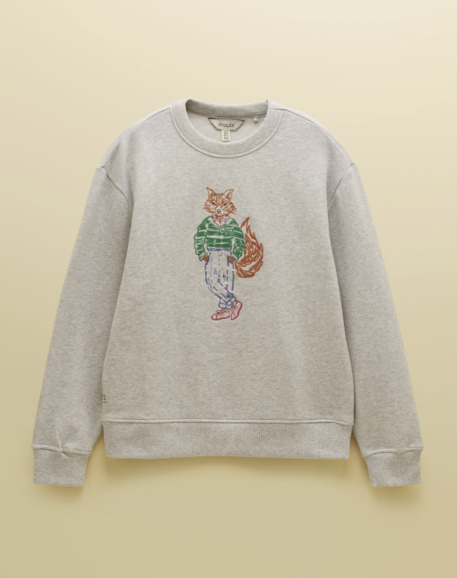 Joules Jonty Fox Embroidered Cotton Crew Neck Sweatshirt Grey Marl