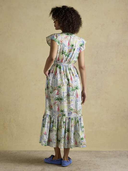 Joules Winnie Coastal Scene Print Frill Shoulder Maxi Dress