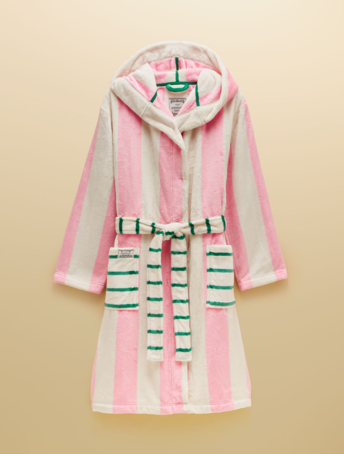 Joules Striped Hooded Fleece Dressing Gown Pink & Cream