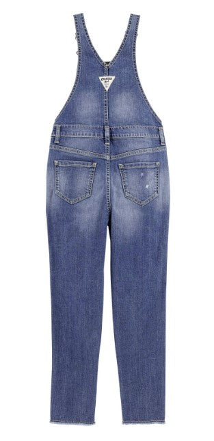 Frayed Hem Mid-Blue Overalls