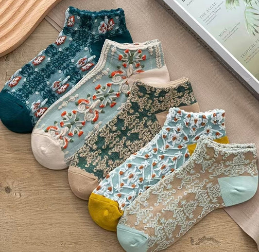 5 Pack Adult Floral Print Design Trainer Socks