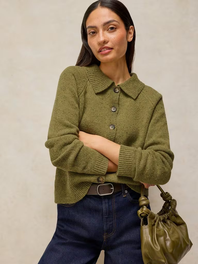 White Stuff Shepherd Collar Cardi Mid Chartreuse