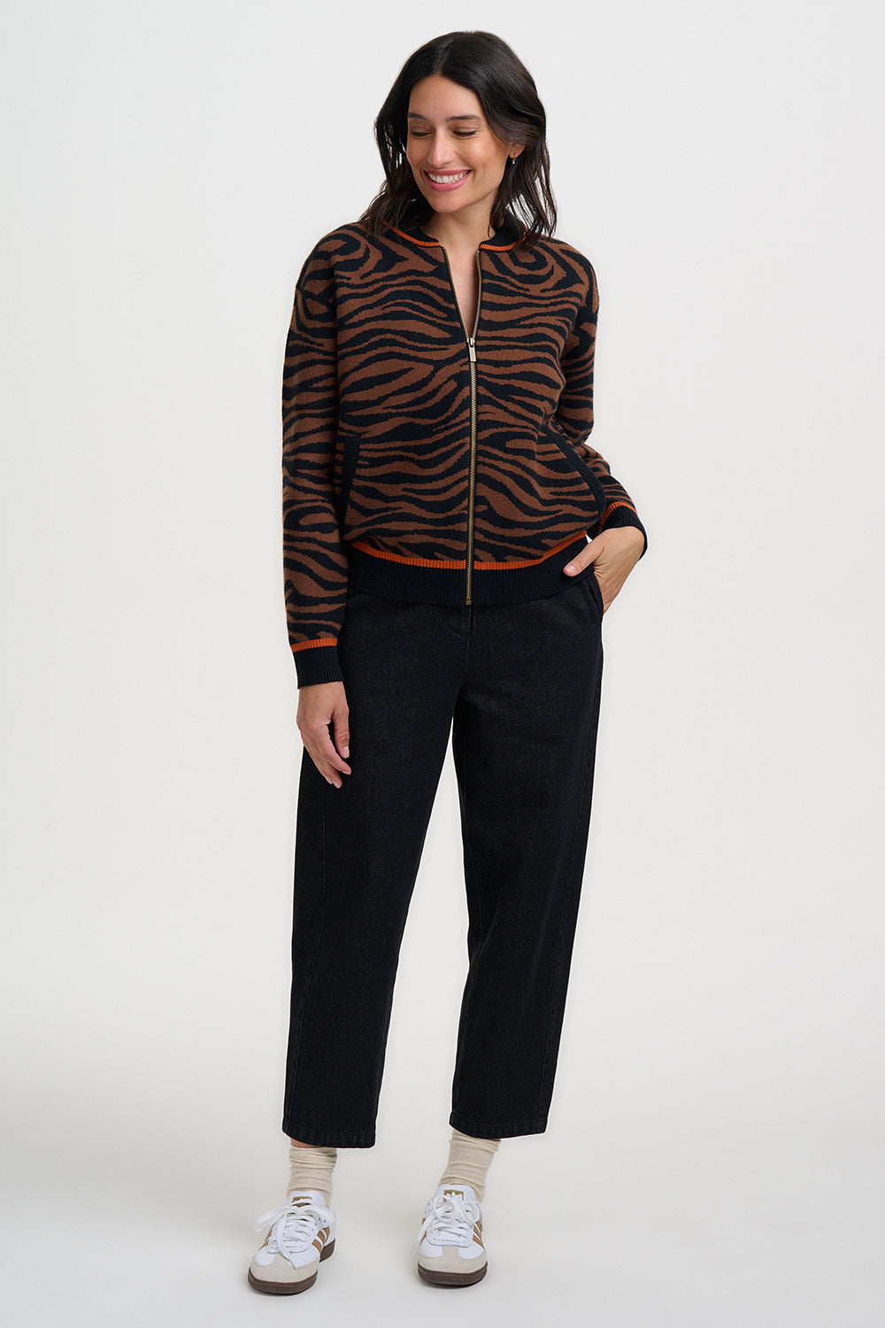 Sugarhill Brighton Solana Knitted Bomber Jacket Black Tiger Print