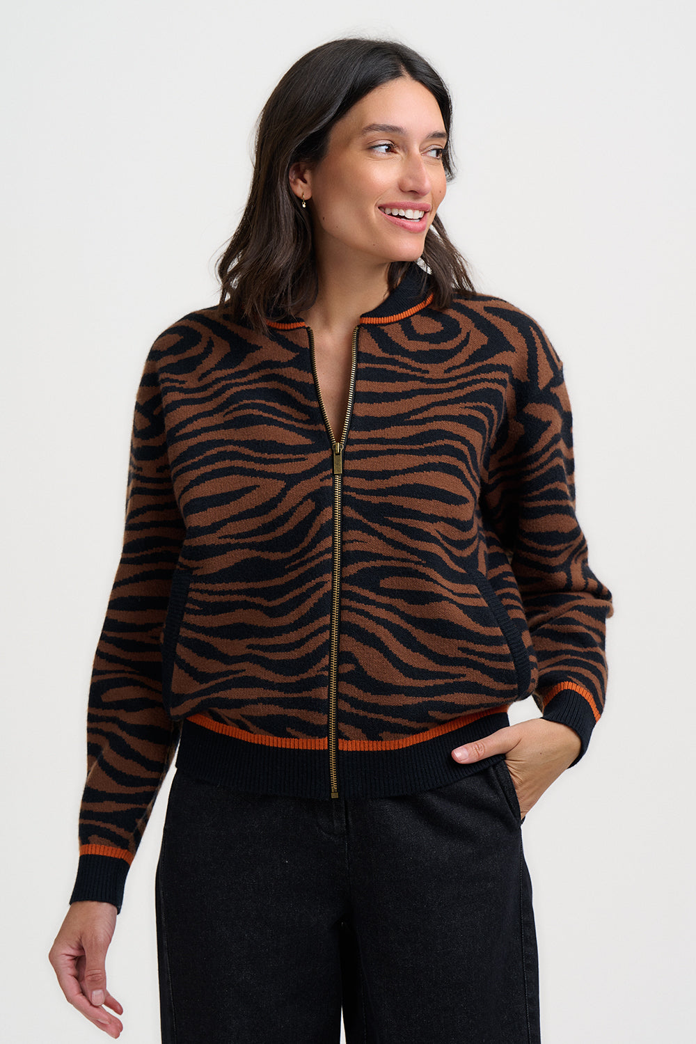 Sugarhill Brighton Solana Knitted Bomber Jacket Black Tiger Print
