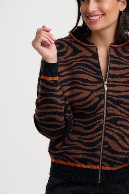 Sugarhill Brighton Solana Knitted Bomber Jacket Black Tiger Print
