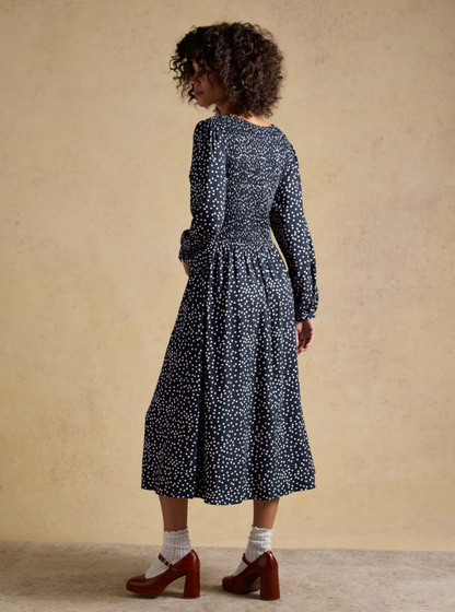 Liliana Navy Spot Shirred V-Neck Midi Dress