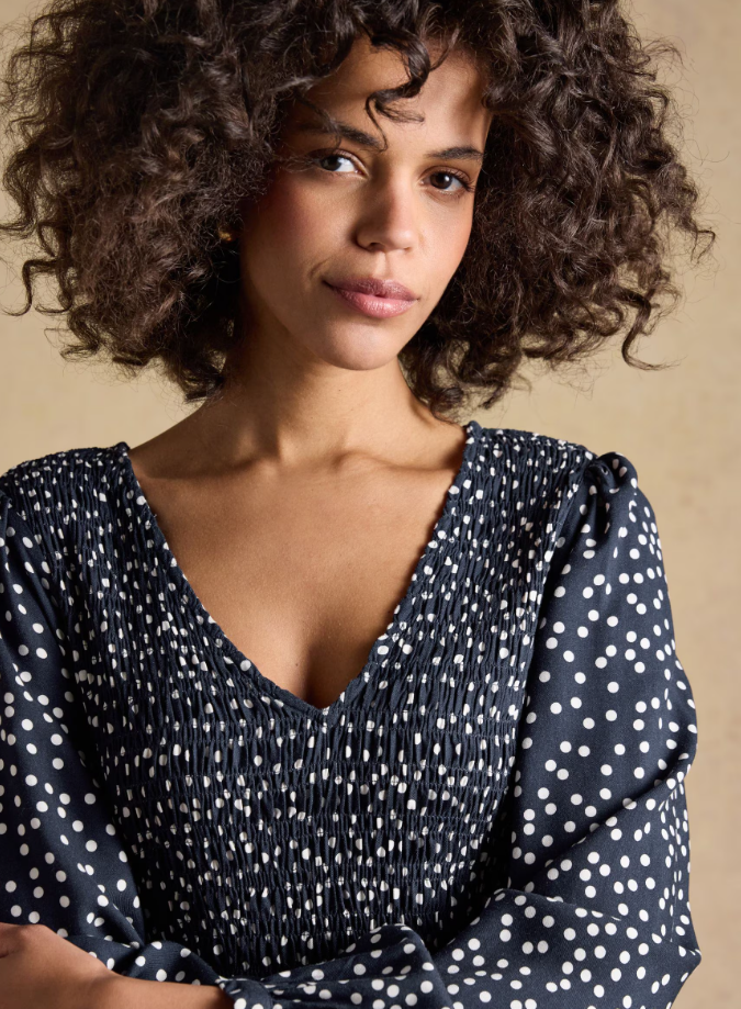 Liliana Navy Spot Shirred V-Neck Midi Dress