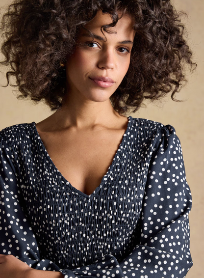 Liliana Navy Spot Shirred V-Neck Midi Dress