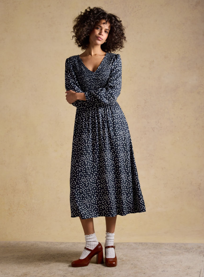 Liliana Navy Spot Shirred V-Neck Midi Dress