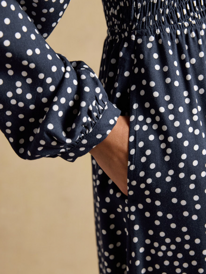 Liliana Navy Spot Shirred V-Neck Midi Dress