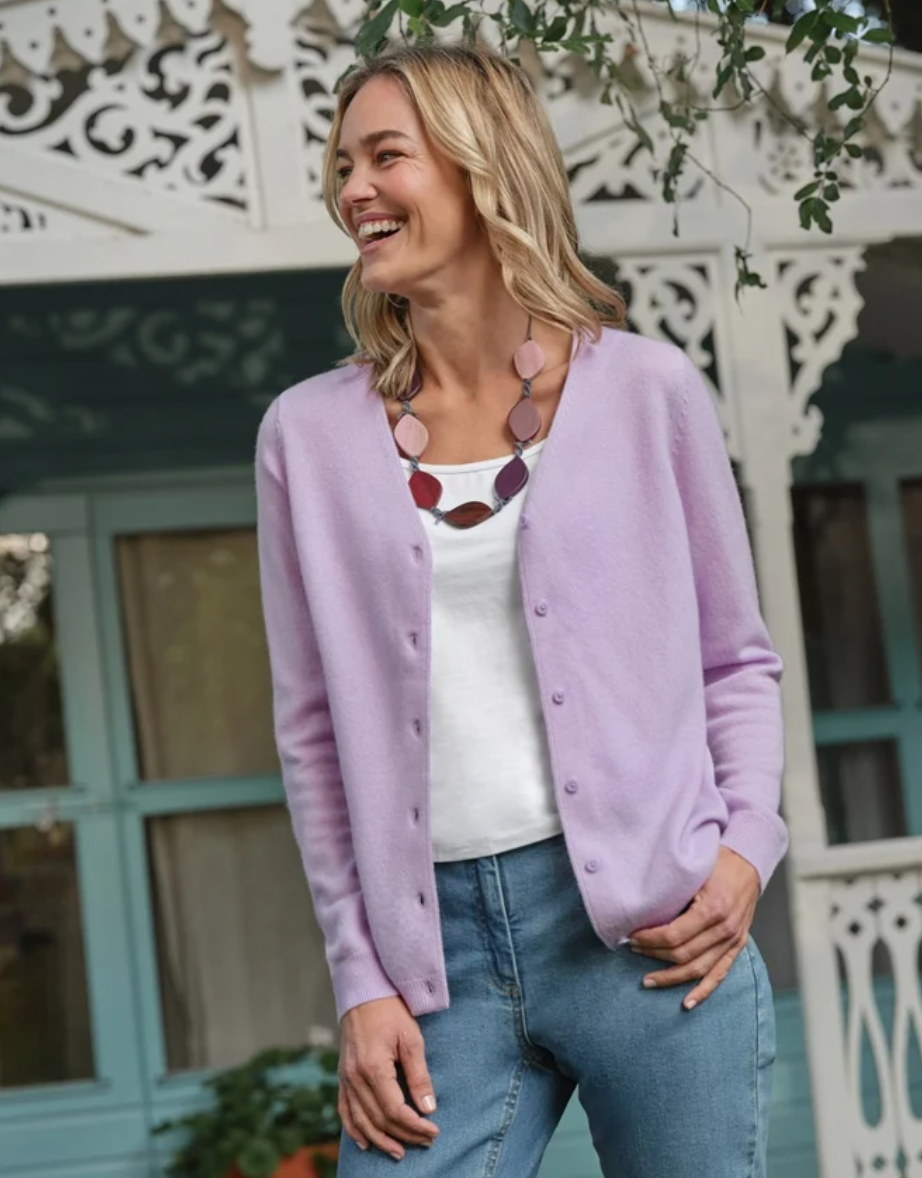 Woolovers Cashmere Merino Classic V Neck Cardigan Lilac