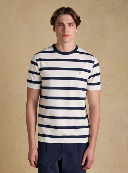 Rugby Club Navy & Cream Striped Crew Neck Cotton T-Shirt