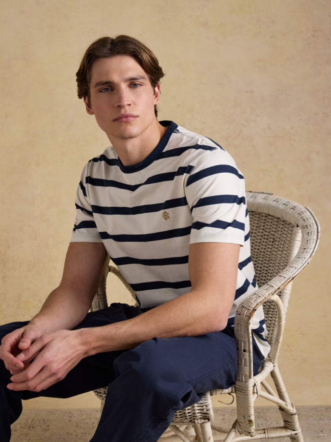 Rugby Club Navy & Cream Striped Crew Neck Cotton T-Shirt