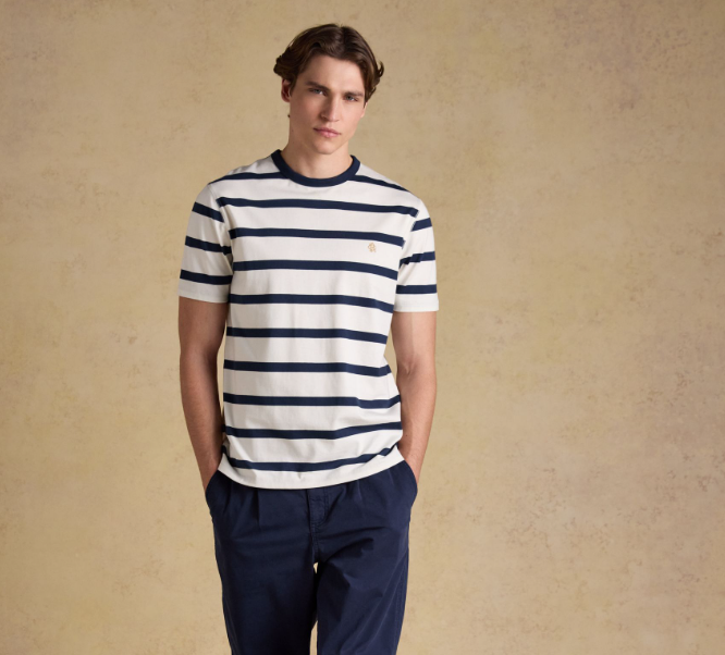 Rugby Club Navy & Cream Striped Crew Neck Cotton T-Shirt