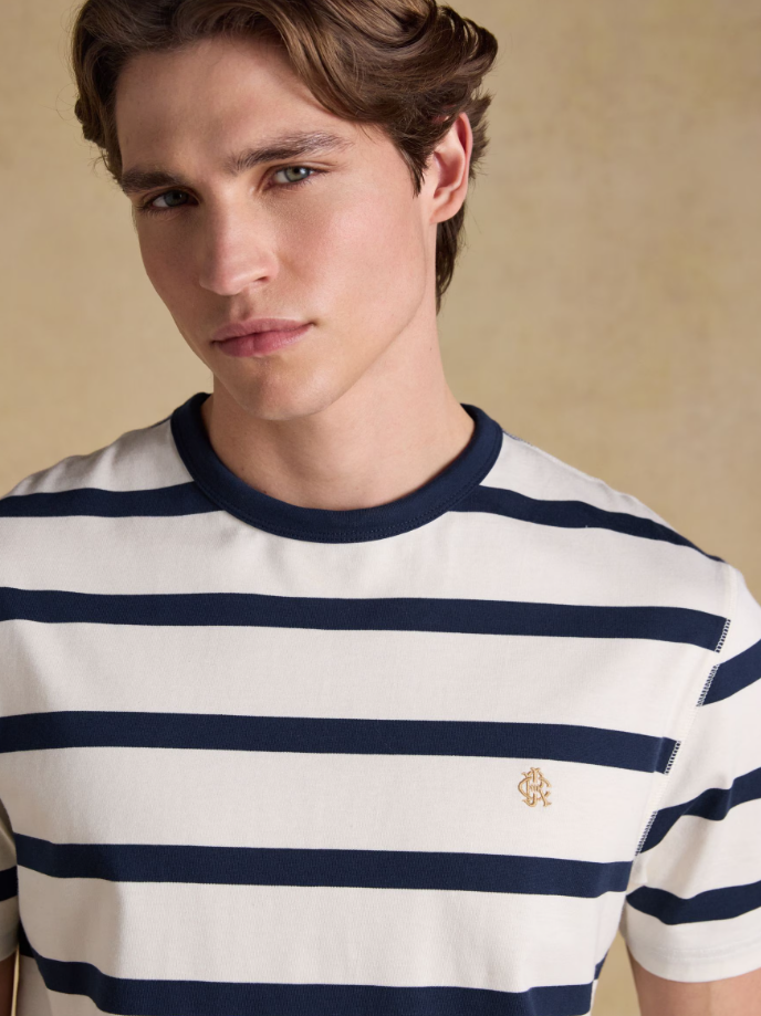 Rugby Club Navy & Cream Striped Crew Neck Cotton T-Shirt