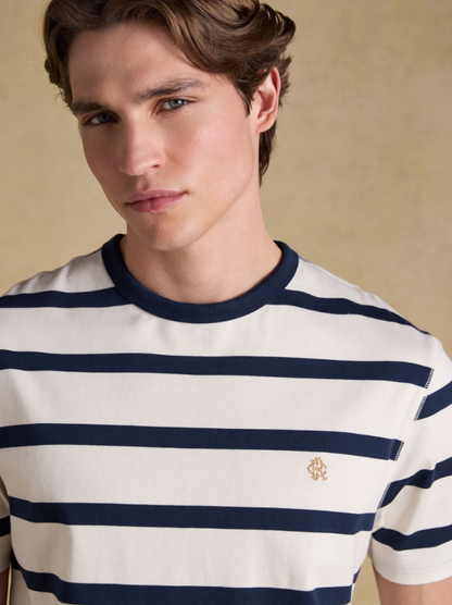 Rugby Club Navy & Cream Striped Crew Neck Cotton T-Shirt