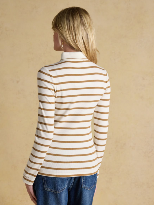 Joules Fairfield Jonty Fox Striped Ribbed Polo Shirt  Cream & Brown