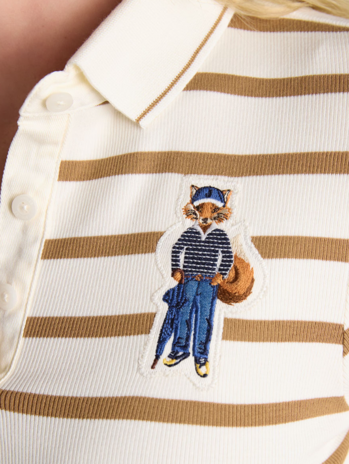 Joules Fairfield Jonty Fox Striped Ribbed Polo Shirt  Cream & Brown