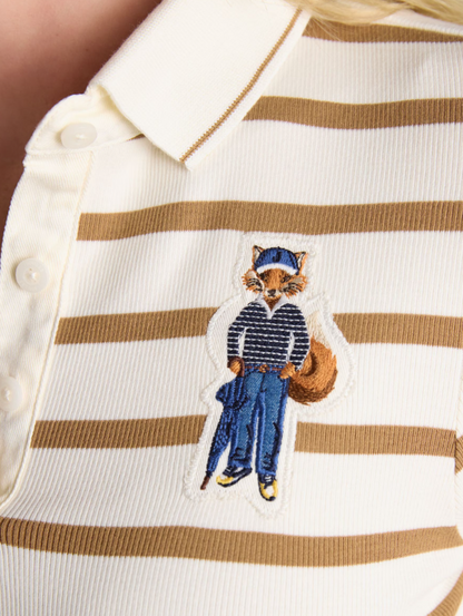 Joules Fairfield Jonty Fox Striped Ribbed Polo Shirt  Cream & Brown