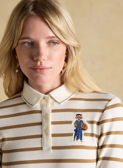 Joules Fairfield Jonty Fox Striped Ribbed Polo Shirt  Cream & Brown