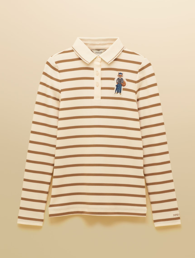 Joules Fairfield Jonty Fox Striped Ribbed Polo Shirt  Cream & Brown