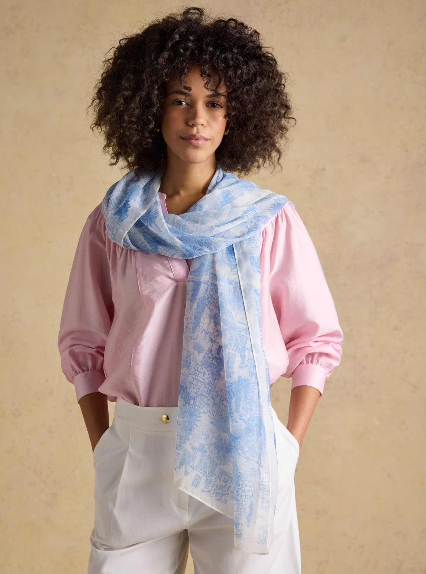 Abberton Blue Ecru Toile De Jouy Printed Scarf