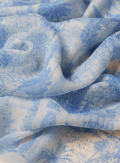 Abberton Blue Ecru Toile De Jouy Printed Scarf