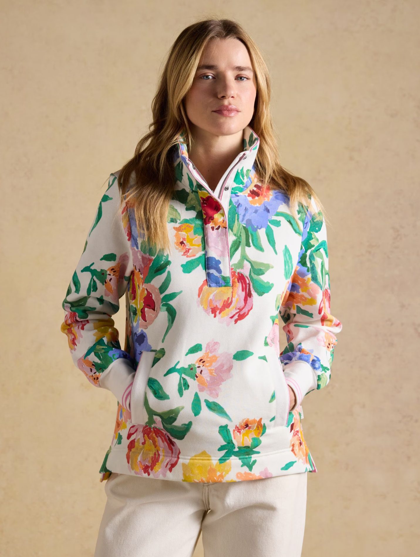 Joules Burnham Artist Floral Quarter Zip Sweatshirt  White