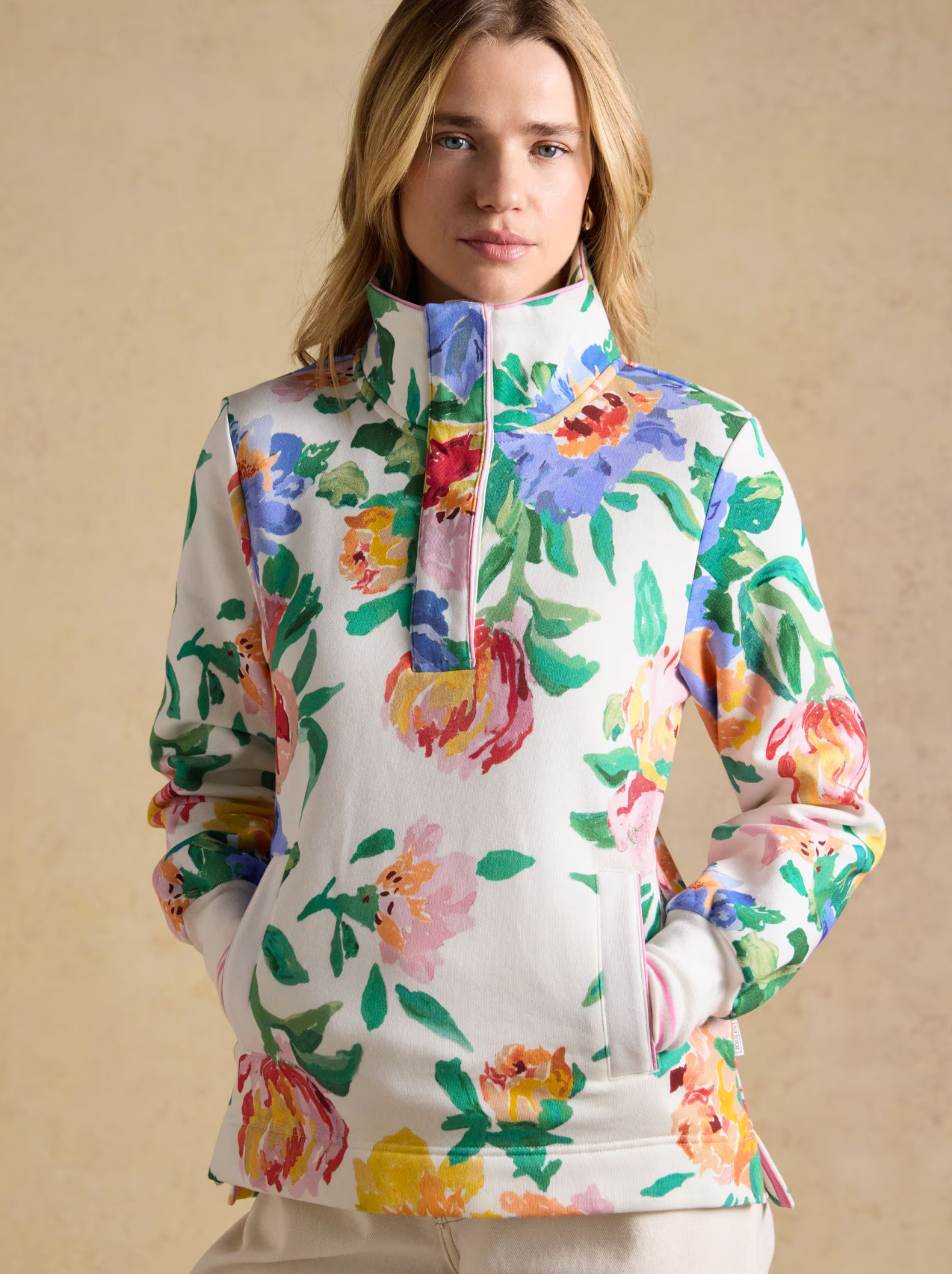 Joules Burnham Artist Floral Quarter Zip Sweatshirt  White
