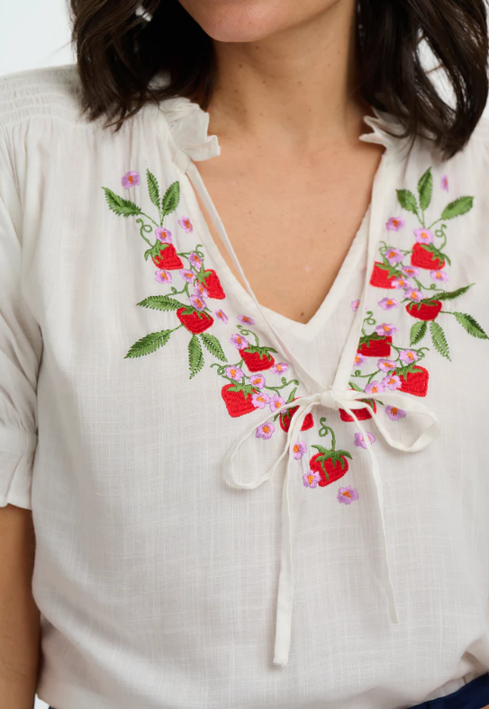 Sugarhill Brighton Angelique Wild Strawberry Shirred Top White