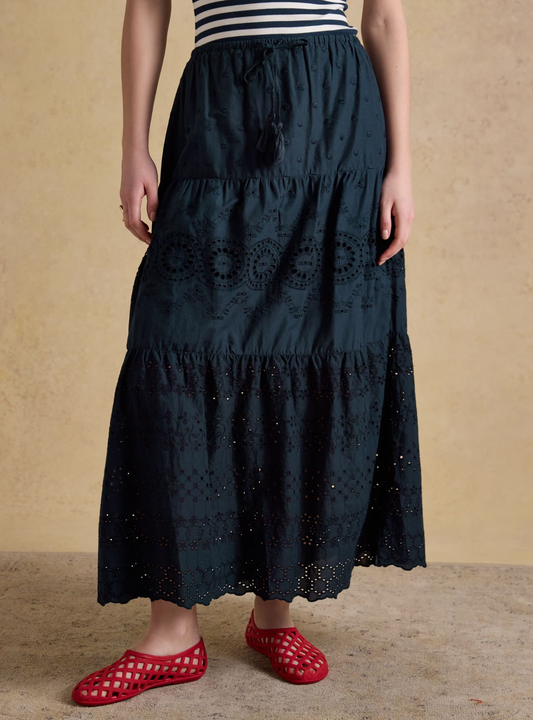 Broderie Tiered Navy Maxi Skirt