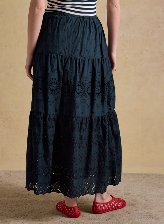 Broderie Tiered Navy Maxi Skirt