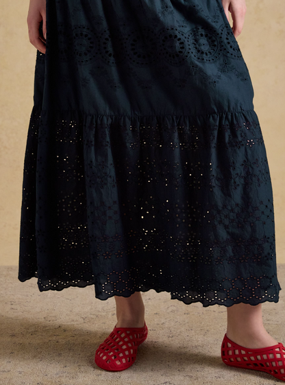 Joules Broderie Tiered Maxi Skirt Navy