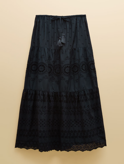 Joules Broderie Tiered Maxi Skirt Navy