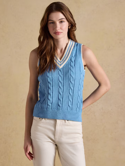Joules Deuce Cable Knit Cricket Vest Blue