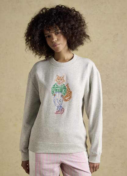 Joules Jonty Fox Embroidered Cotton Crew Neck Sweatshirt Grey Marl