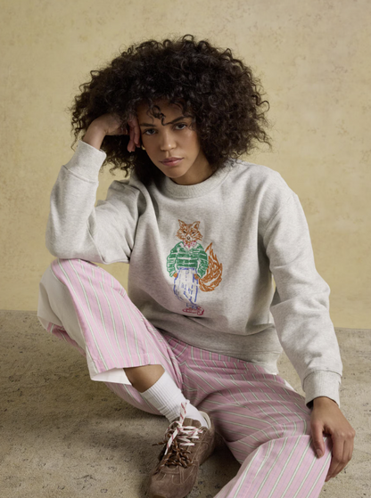 Joules Jonty Fox Embroidered Cotton Crew Neck Sweatshirt Grey Marl
