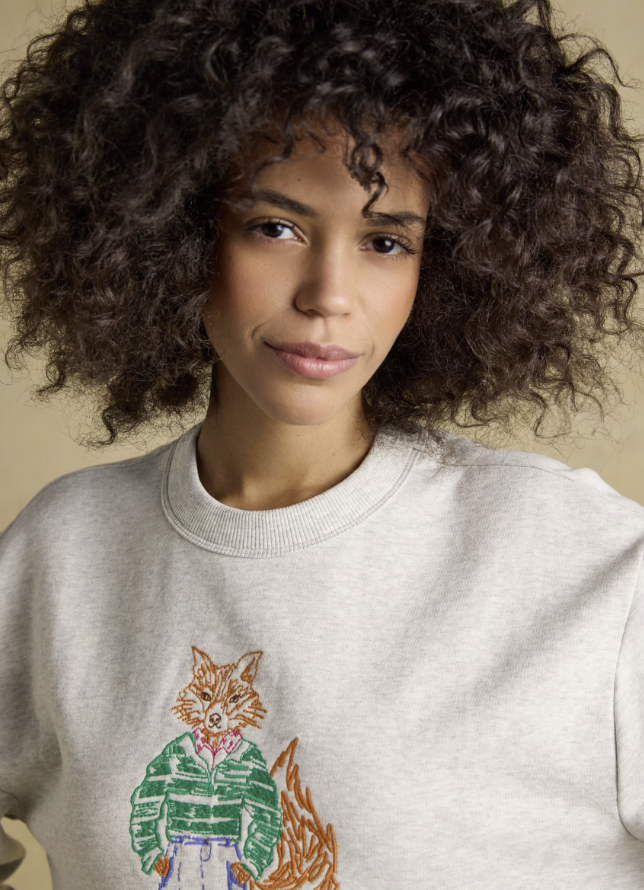 Joules Jonty Fox Embroidered Cotton Crew Neck Sweatshirt Grey Marl