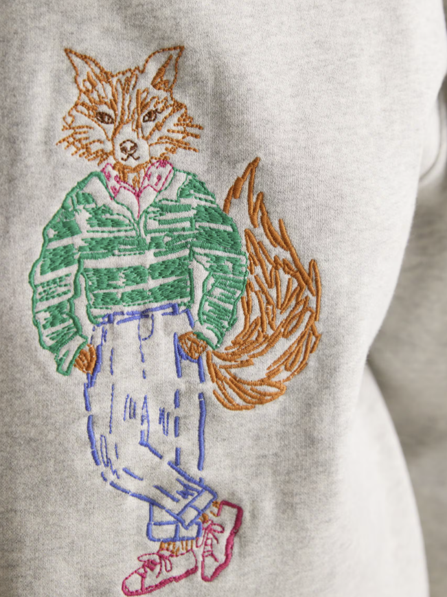 Joules Jonty Fox Embroidered Cotton Crew Neck Sweatshirt Grey Marl