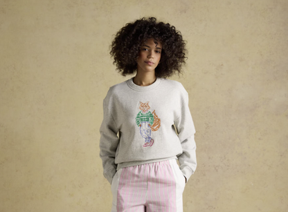 Joules Jonty Fox Embroidered Cotton Crew Neck Sweatshirt Grey Marl