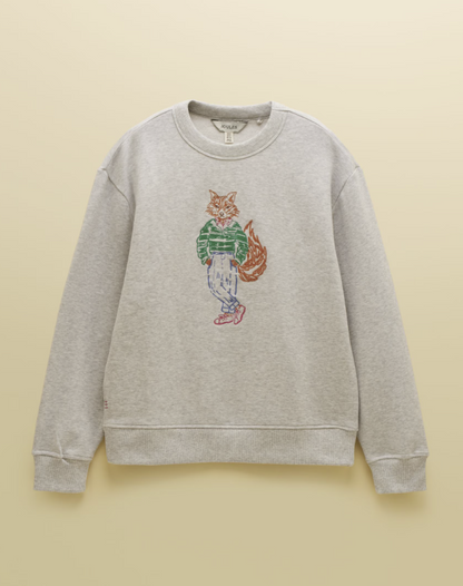 Joules Jonty Fox Embroidered Cotton Crew Neck Sweatshirt Grey Marl