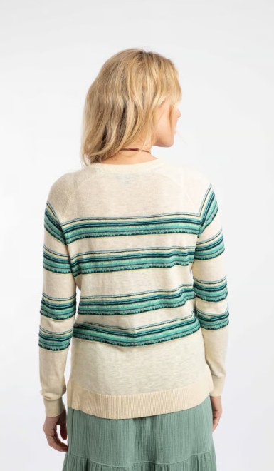 Weird Fish Reka Lightweight Striped Crew Neck Jumper Light Cream