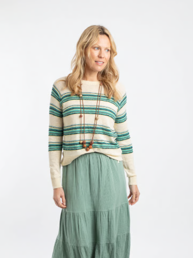 Weird Fish Reka Lightweight Striped Crew Neck Jumper Light Cream