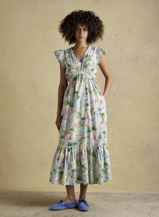 Joules Winnie Coastal Scene Print Frill Shoulder Maxi Dress