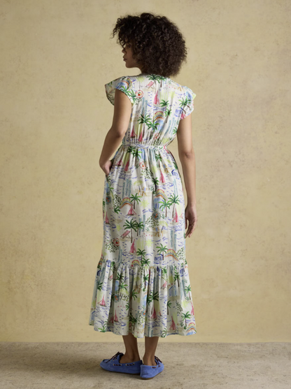 Joules Winnie Coastal Scene Print Frill Shoulder Maxi Dress